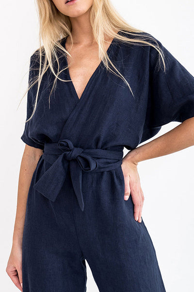 Linen V Neck Wrap Jumpsuits