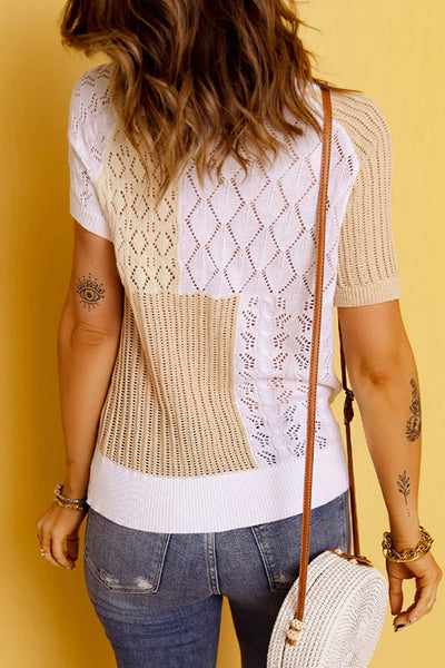 Color Block Eyelet Short Sleeve Sweater