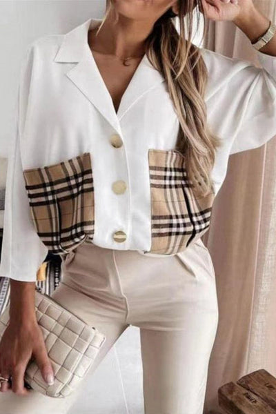 Lapel Plaid Pocket Button Blouse