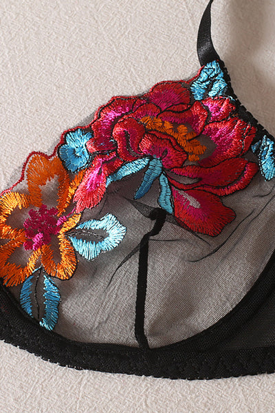 Flower Embroidered Mesh Lingerie Set