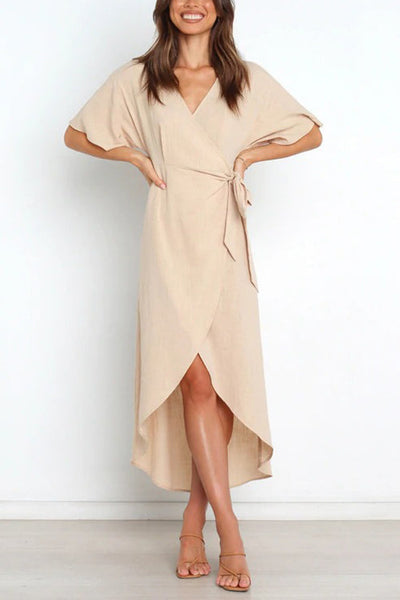 Solid V Neck Tulip Wrap Dress