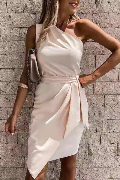 One Shoulder Belted Mini Dress - girlyrose.com
