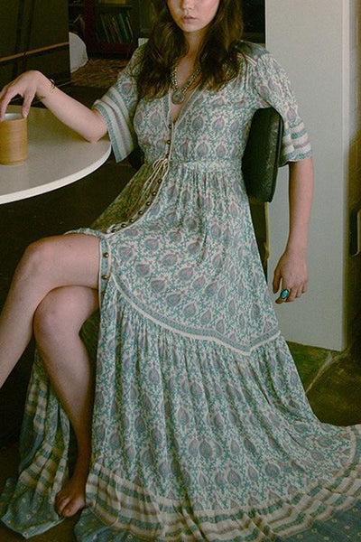 Print V Neck Short Sleeve Maxi Dress - girlyrose.com