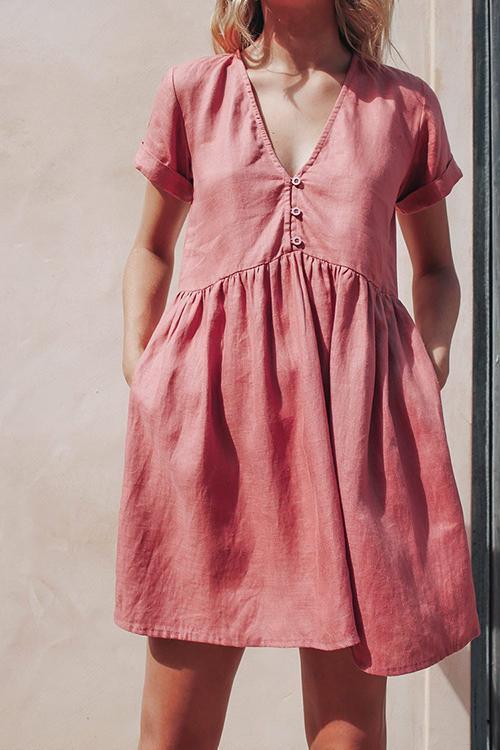 Linen V Neck Pockets Mini Dress - girlyrose.com