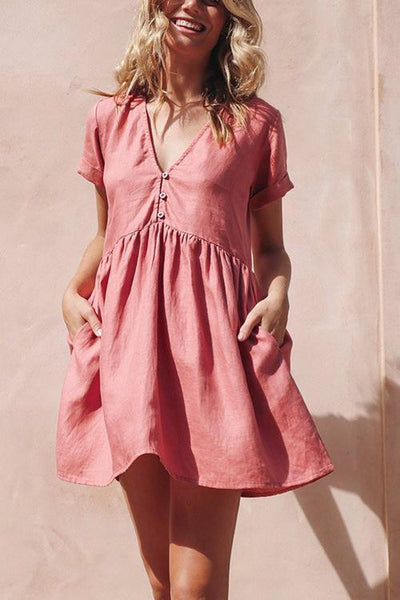 Linen V Neck Pockets Mini Dress - girlyrose.com