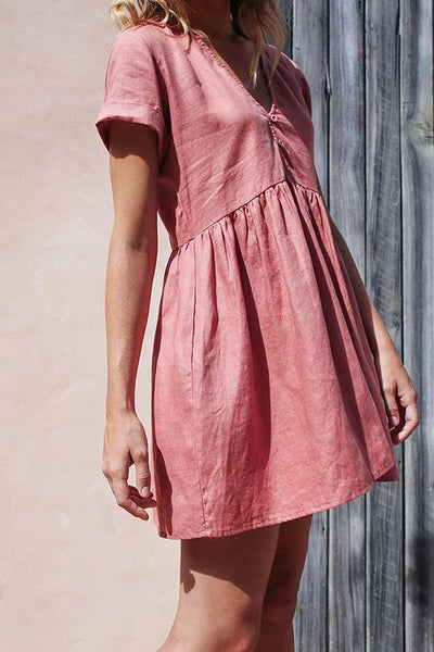Linen V Neck Pockets Mini Dress - girlyrose.com