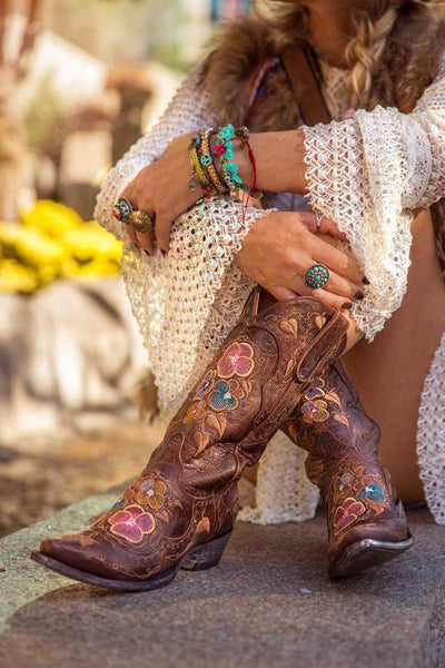 Embroidery Floral Slip High Boots