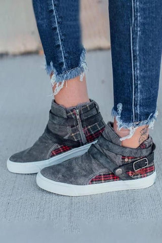 Plaid Buckle Zipper Flat Boots