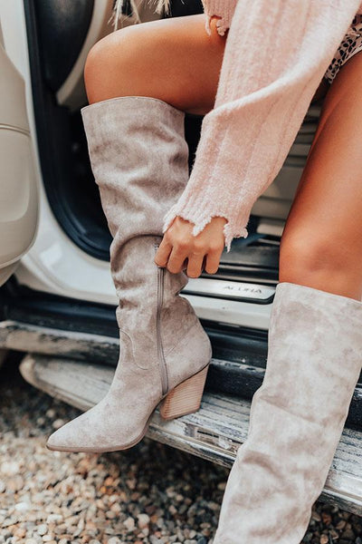 Faux Suede Zipper Chunky Heels Boots