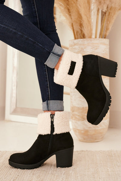 Sherpa Cuff Chunky Heel Booties