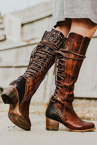 Lace Up Chunky Heel Cross Strap High Boots