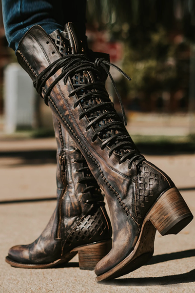 Lace Up Chunky Heel Cross Strap High Boots
