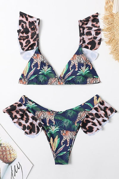 Forest Print Ruffled Bikini Set