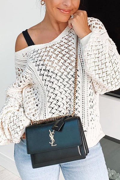 Hollow V Neck Puff Sleeve Sweater