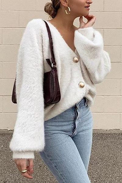 Fuzzy Button V Neck Cardigan