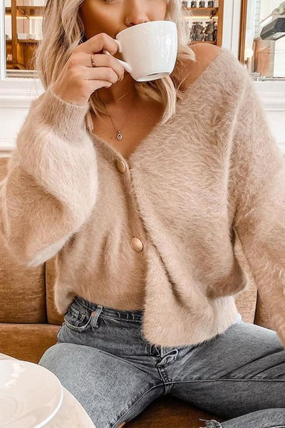 Fuzzy Button V Neck Cardigan