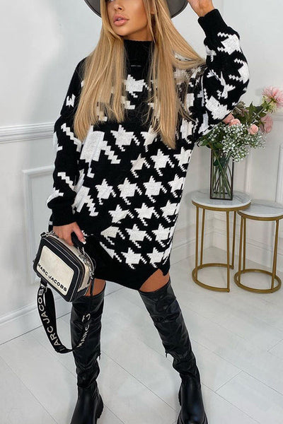 Houndstooth High Collar Sweater