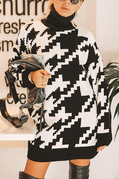 Houndstooth High Collar Sweater