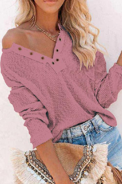 Henley V Neck Waffle Long Sleeve Sweater - girlyrose.com
