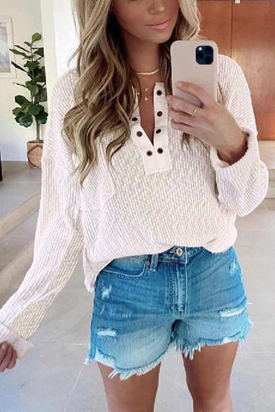 Henley V Neck Waffle Long Sleeve Sweater - girlyrose.com