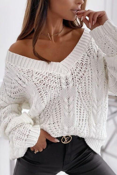 Hollow V Neck Loose Sweater - girlyrose.com