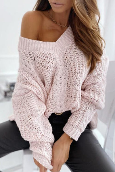 Hollow V Neck Loose Sweater - girlyrose.com