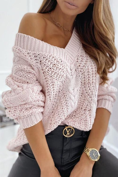 Hollow V Neck Loose Sweater - girlyrose.com