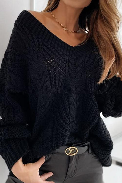 Hollow V Neck Loose Sweater - girlyrose.com