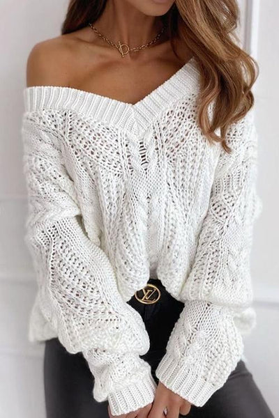 Hollow V Neck Loose Sweater - girlyrose.com
