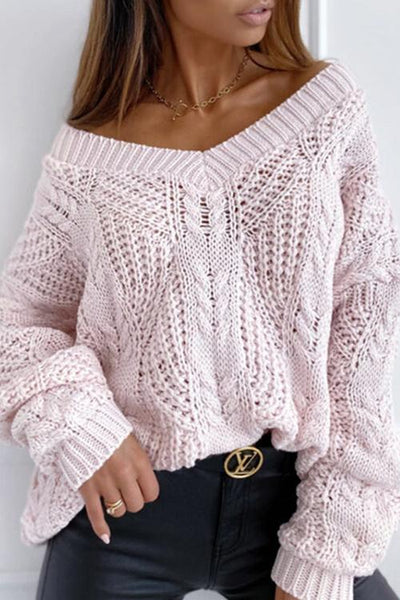 Hollow V Neck Loose Sweater - girlyrose.com