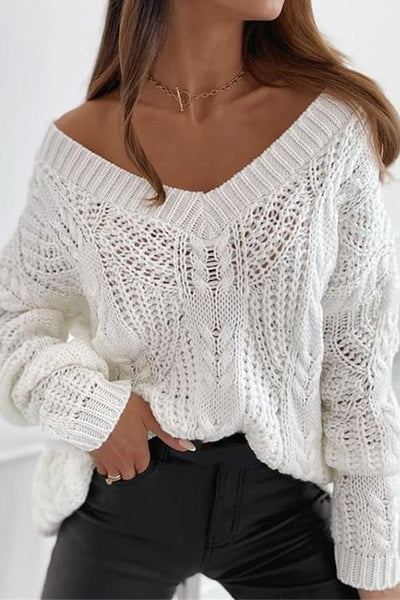 Hollow V Neck Loose Sweater - girlyrose.com
