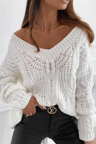 Hollow V Neck Loose Sweater - girlyrose.com