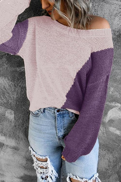 One Shoulder Knitted Round Neck Sweater - girlyrose.com