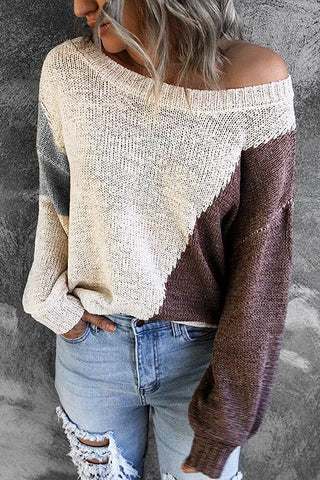 One Shoulder Knitted Round Neck Sweater - girlyrose.com