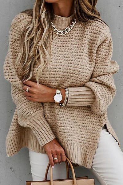 High Neck Side Slit Sweater - girlyrose.com