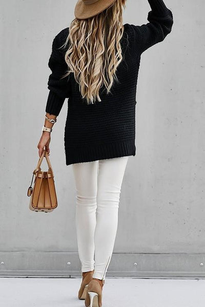 High Neck Side Slit Sweater - girlyrose.com