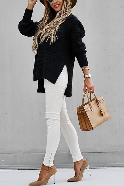 High Neck Side Slit Sweater - girlyrose.com