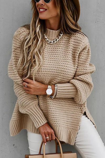 High Neck Side Slit Sweater - girlyrose.com