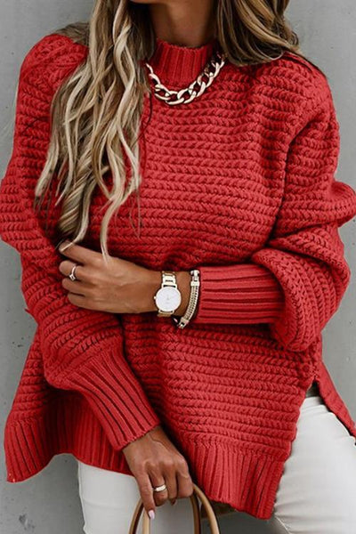 High Neck Side Slit Sweater - girlyrose.com