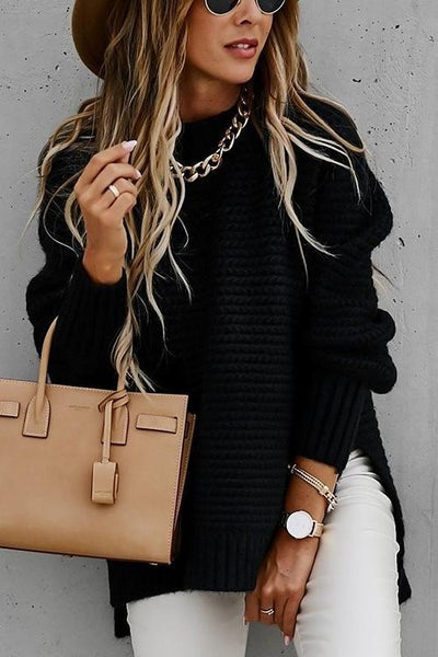 High Neck Side Slit Sweater - girlyrose.com