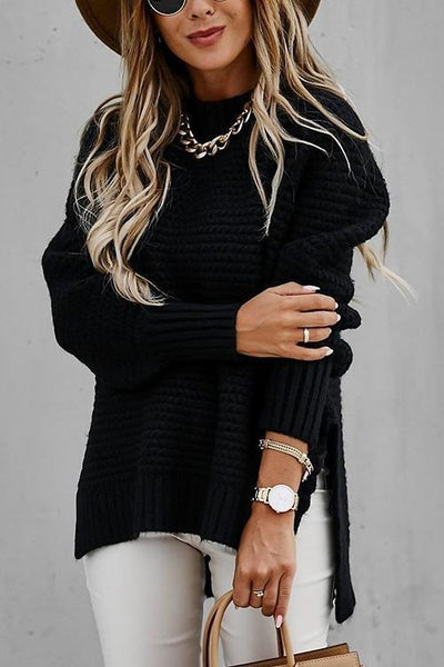 High Neck Side Slit Sweater - girlyrose.com