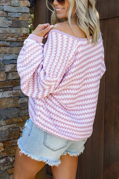 Oversized Stripe V Neck Puff Sleeve Sweater - girlyrose.com