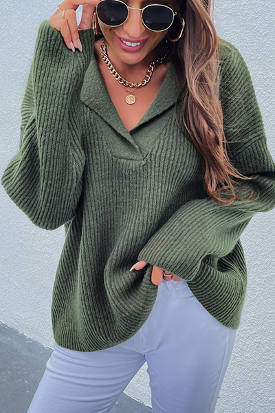 Lapel V Neck Sweater - girlyrose.com