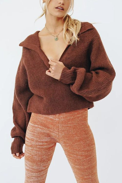 Lapel V Neck Sweater - girlyrose.com