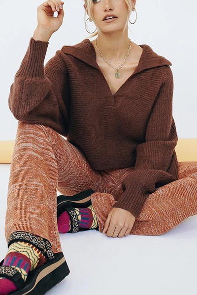Lapel V Neck Sweater - girlyrose.com