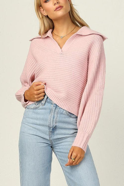 Lapel V Neck Sweater - girlyrose.com