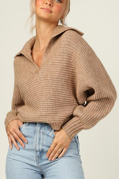 Lapel V Neck Sweater - girlyrose.com