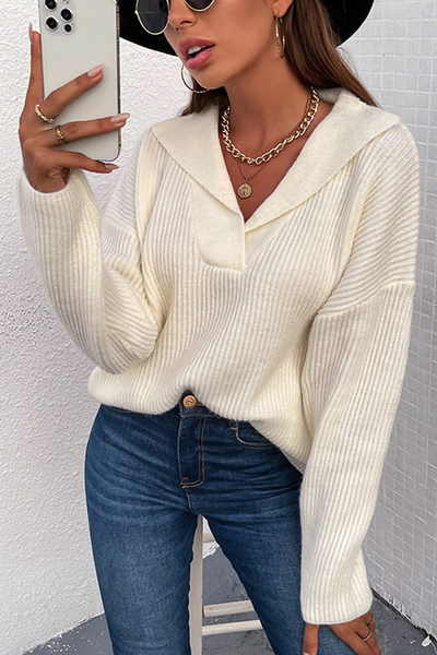 Lapel V Neck Sweater - girlyrose.com