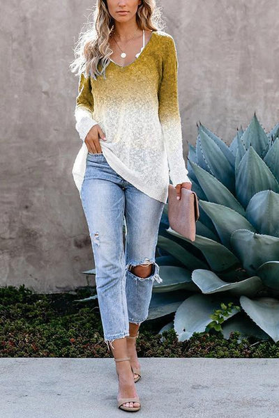 Ombre V Neck Loose Sweater - girlyrose.com