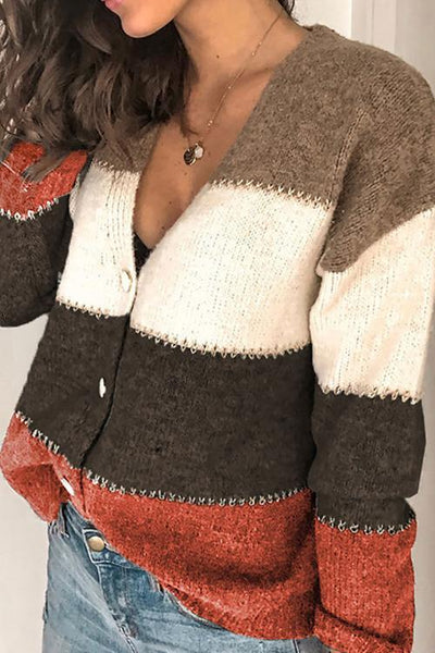 V Neck Button Color Block Cardigan - girlyrose.com